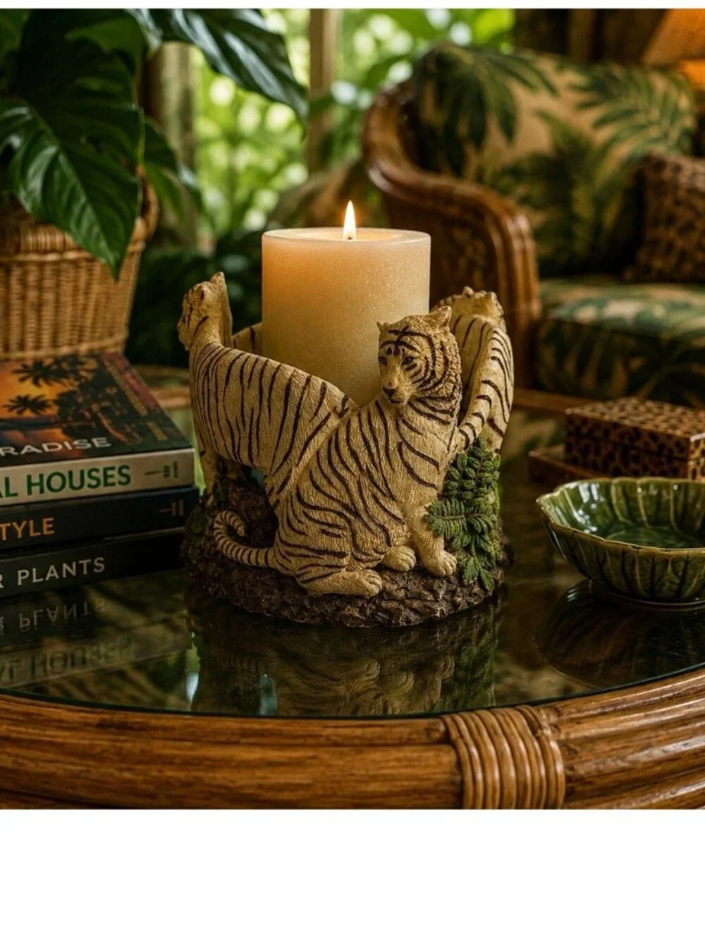 Vintage Tiger Pillar Candle Holder Resin Safari Jungle Wildlife Home Decor